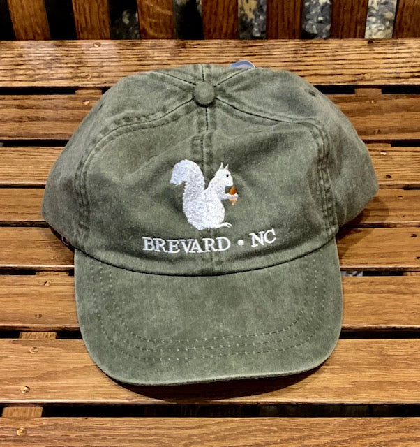 White Squirrel embroidered baseball cap from Brevard NC in khaki green color