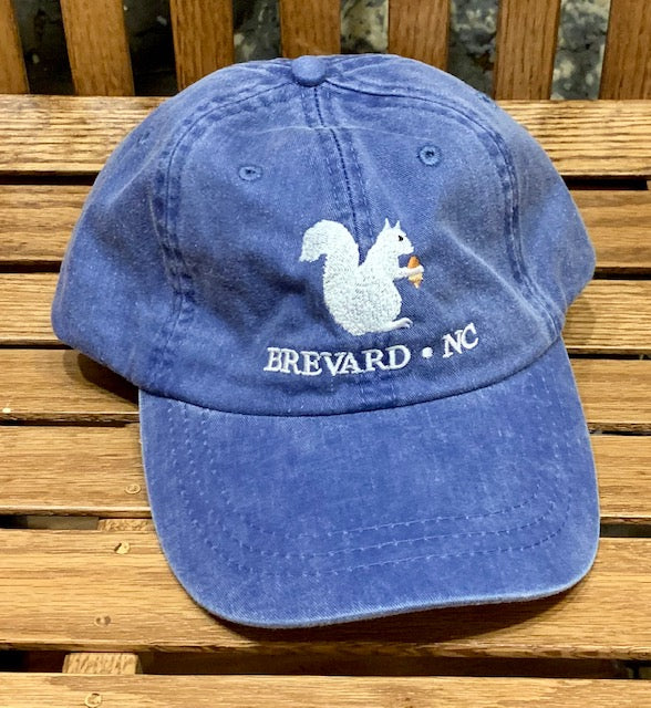 White Squirrel embroidered baseball cap from Brevard NC in royal blue color