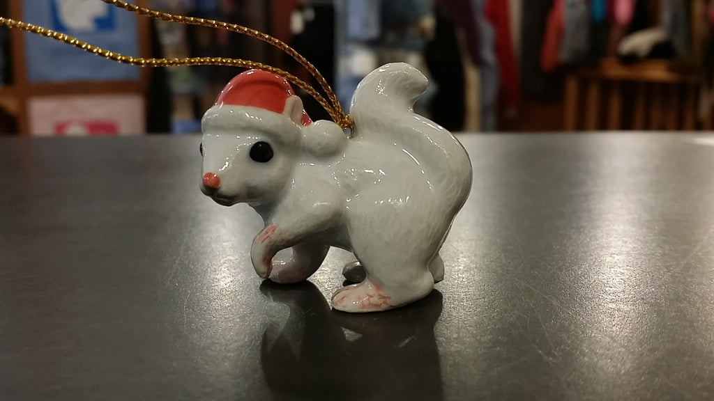 Ornament - Hand Painted Porcelain Ceramic White Squirrel with Santa Hat #