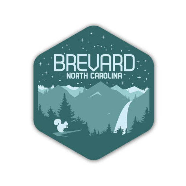 Sticker - Brevard, NC with Mountains, Stars, Waterfall and White Squirrel