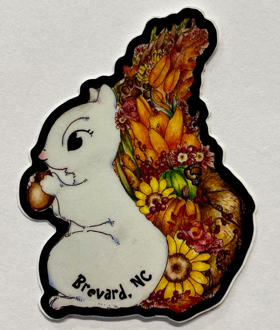 White squirrel fall flower tail decal with black border - Mini 2.5 inch autumn art sticker from Brevard, NC